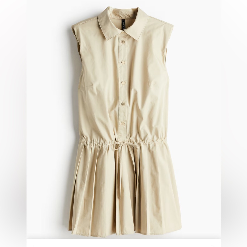 H&M PLEATED-SKIRT SHOULDER-PAD DRESS BUTTON FRONT KHAKI TAN